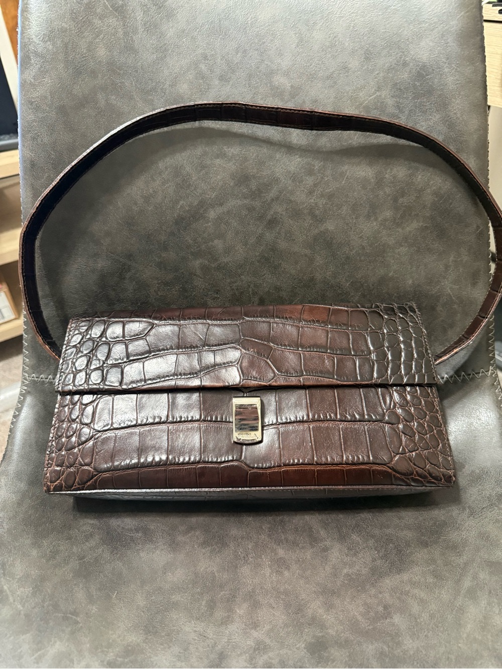 Vintage Furla Brown Crocodile Embossed Leather Flap Shoulder Bag Baguette